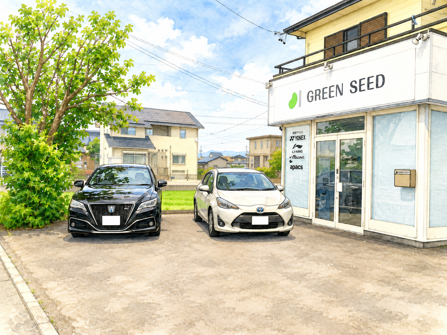 グリーンシード バドミントンラボ 店舗外観と駐車場